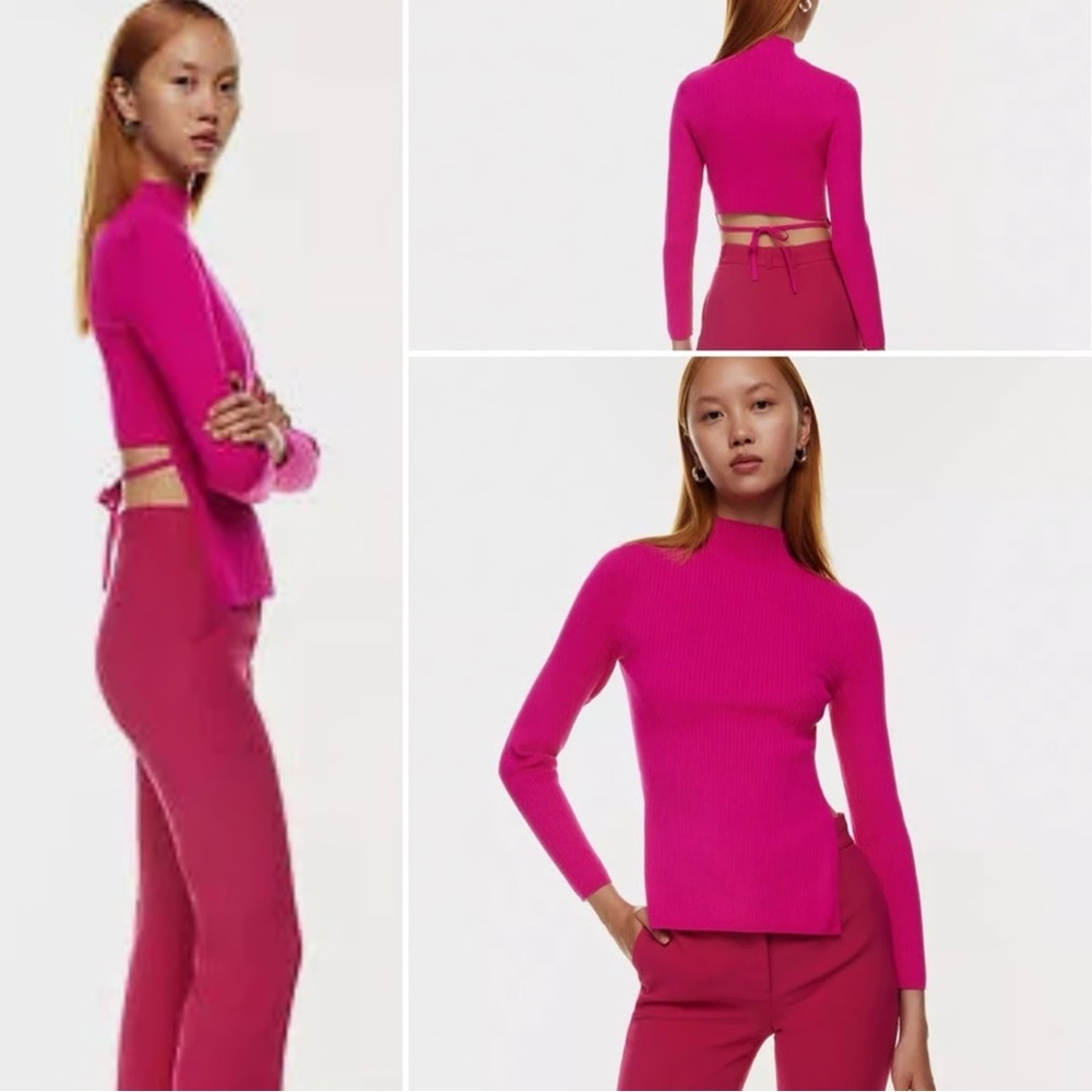 Aritzia Babaton Sculpt Knit Tie Back Long Sleeve Top in fuchsia pink